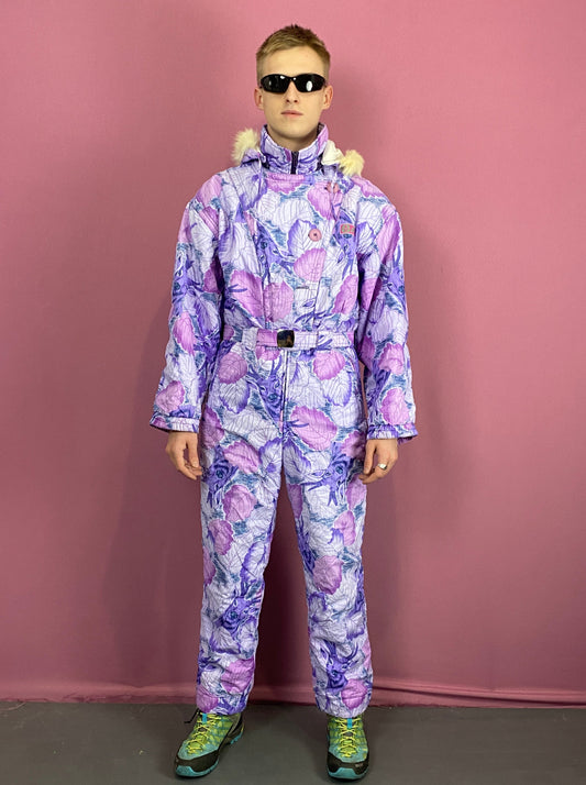 90s SNO Vintage Men's Floral One Piece Ski Suit - Medium Purple Polyester