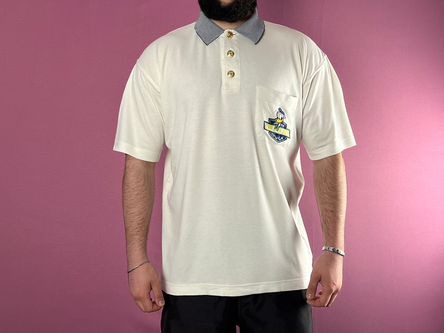 Iceberg Donald Duck Vintage Men's Polo Shirt - XL White Cotton Blend