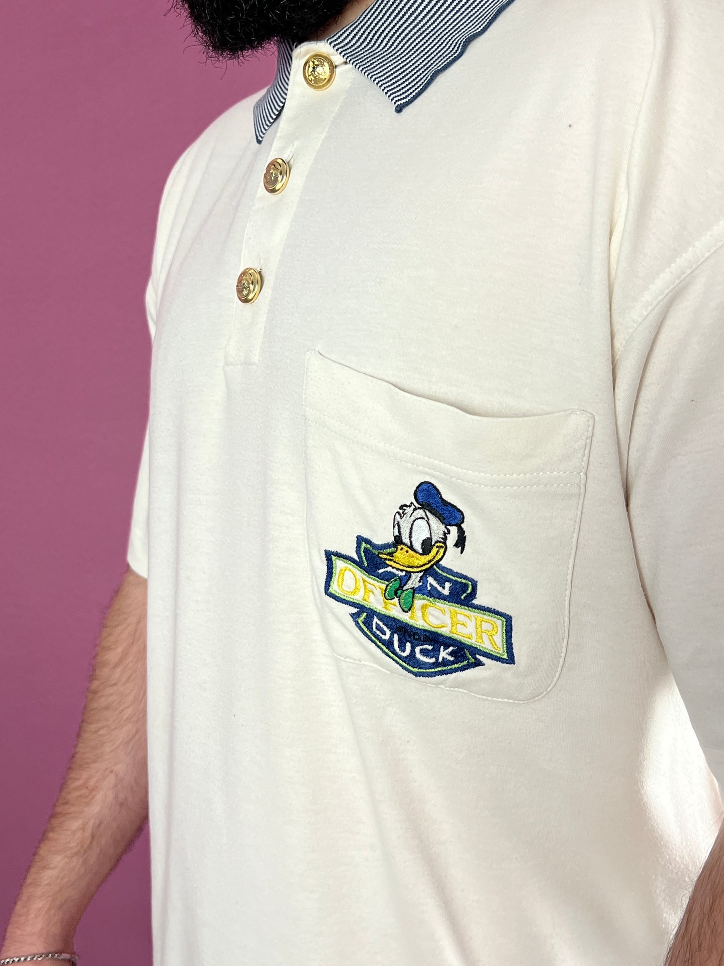 Iceberg Donald Duck Vintage Men's Polo Shirt - XL White Cotton Blend