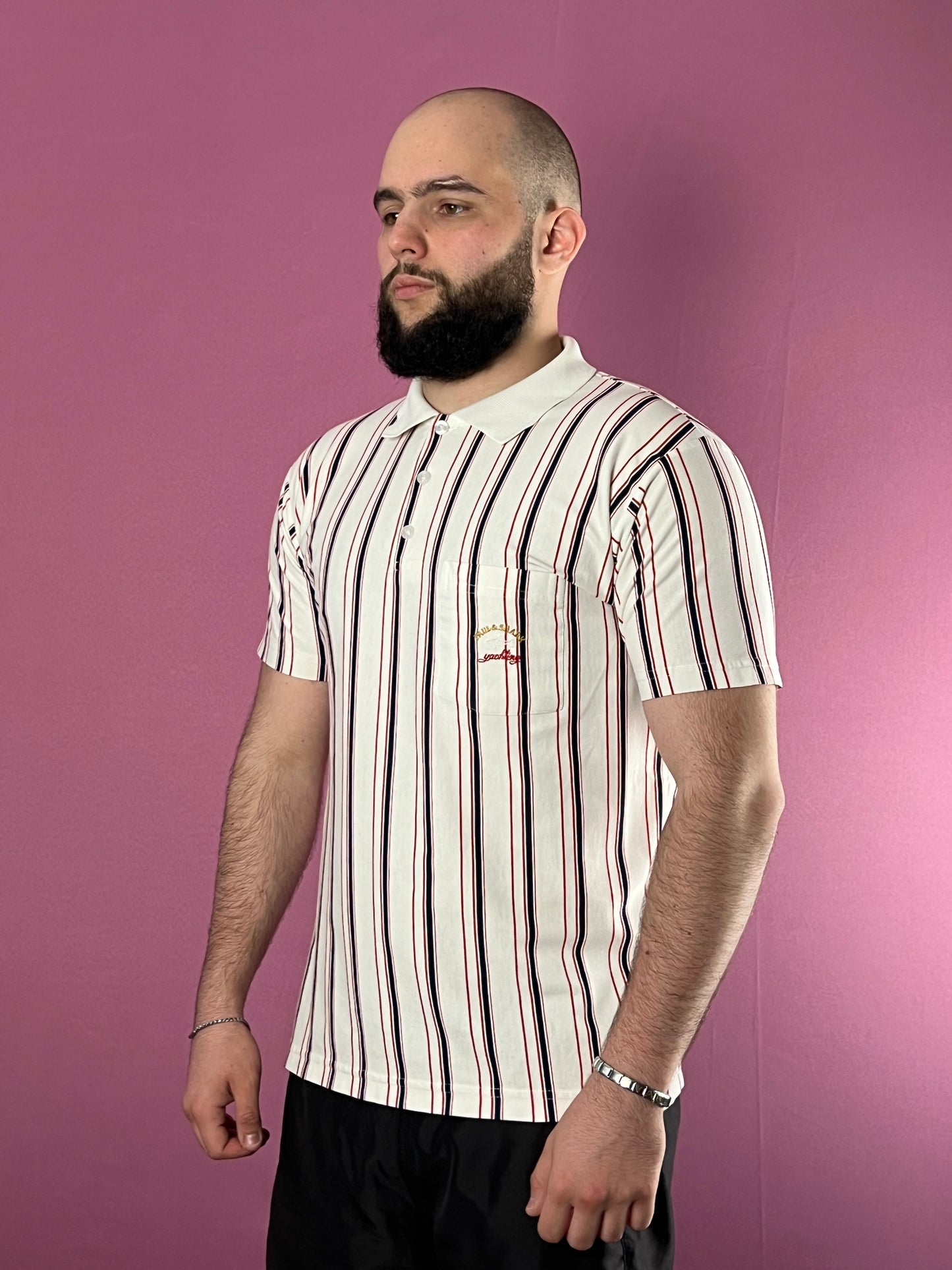 Paul & Shark Vintage Men's Striped Polo Shirt - L White Cotton