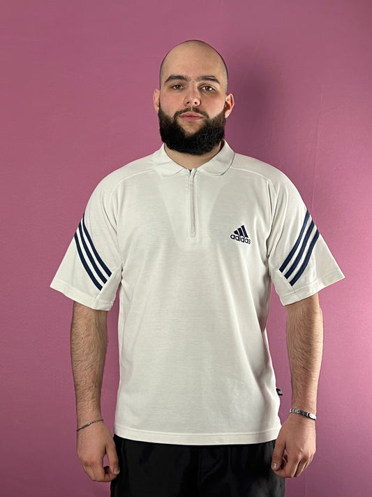 90s Adidas Vintage Men's Zip Polo Shirt - M White Cotton Blend