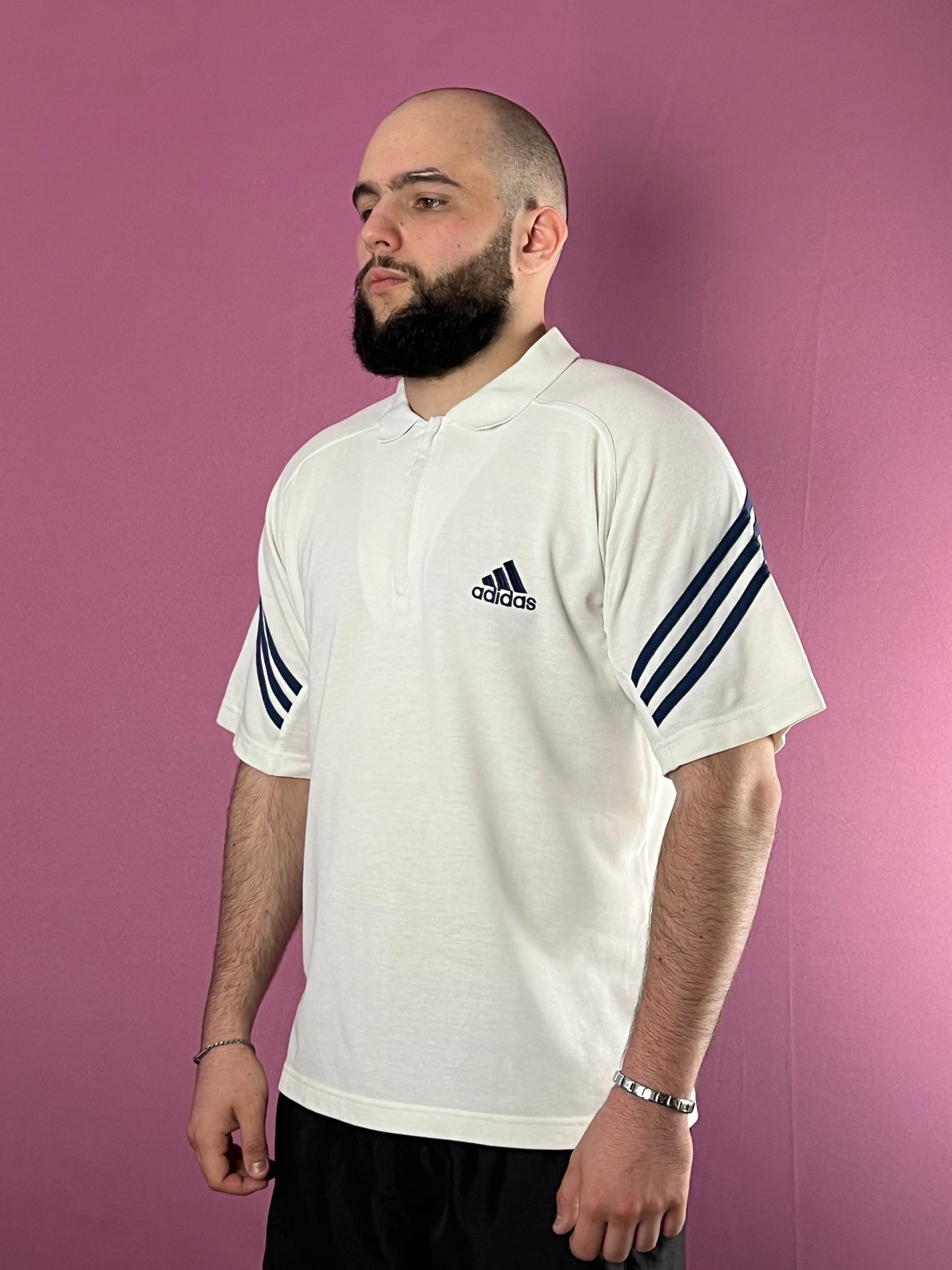 90s Adidas Vintage Men's Zip Polo Shirt - M White Cotton Blend