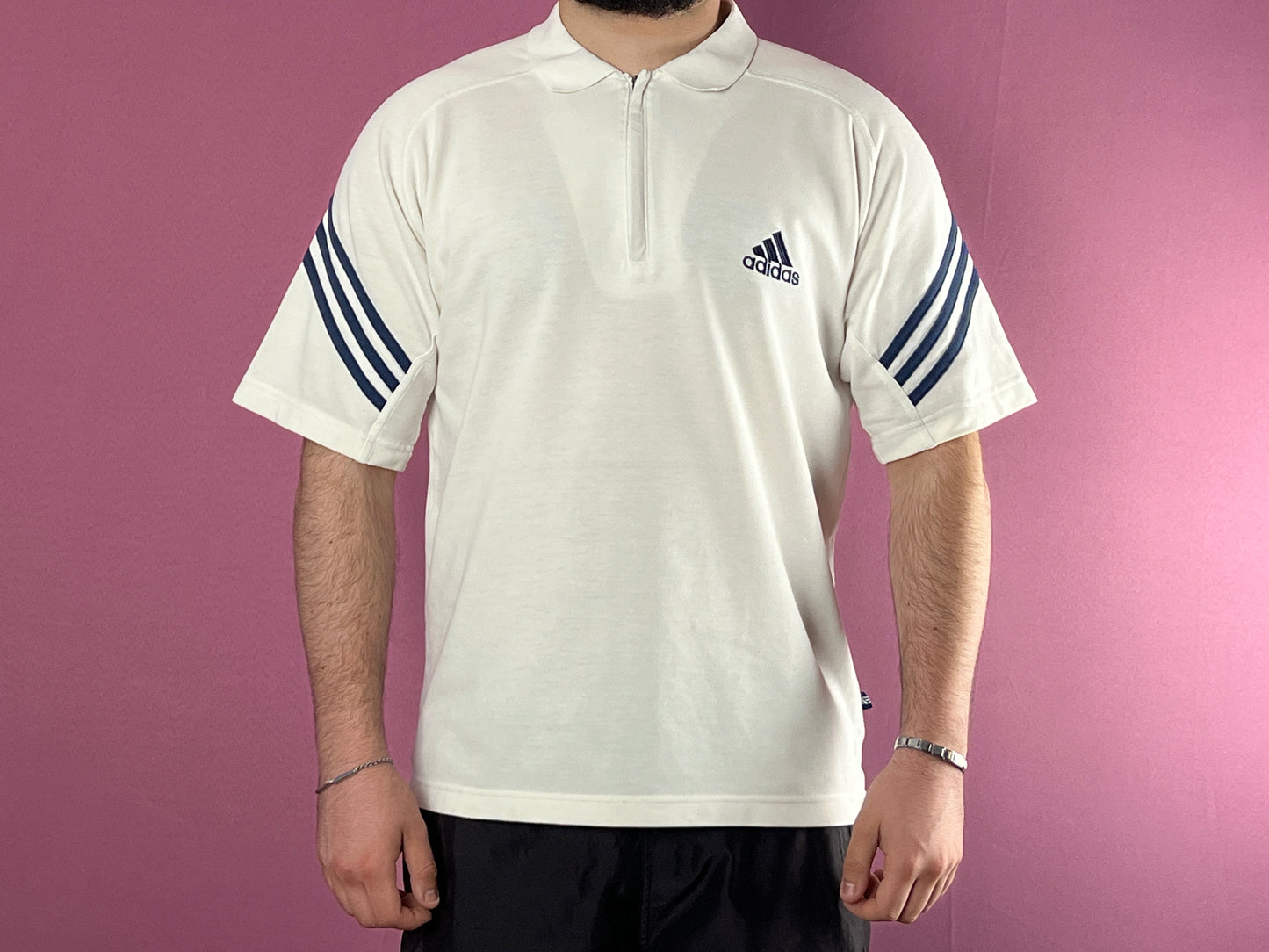 90s Adidas Vintage Men's Zip Polo Shirt - M White Cotton Blend