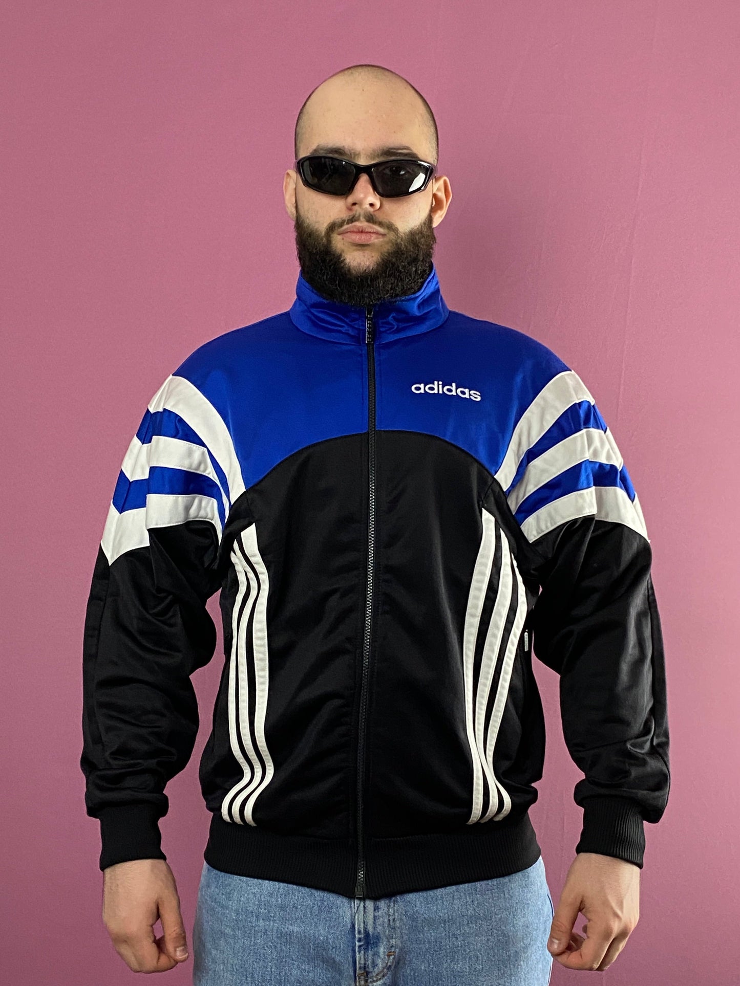 90s Adidas Vintage Men's Track Jacket - M Blue & Black Polyester