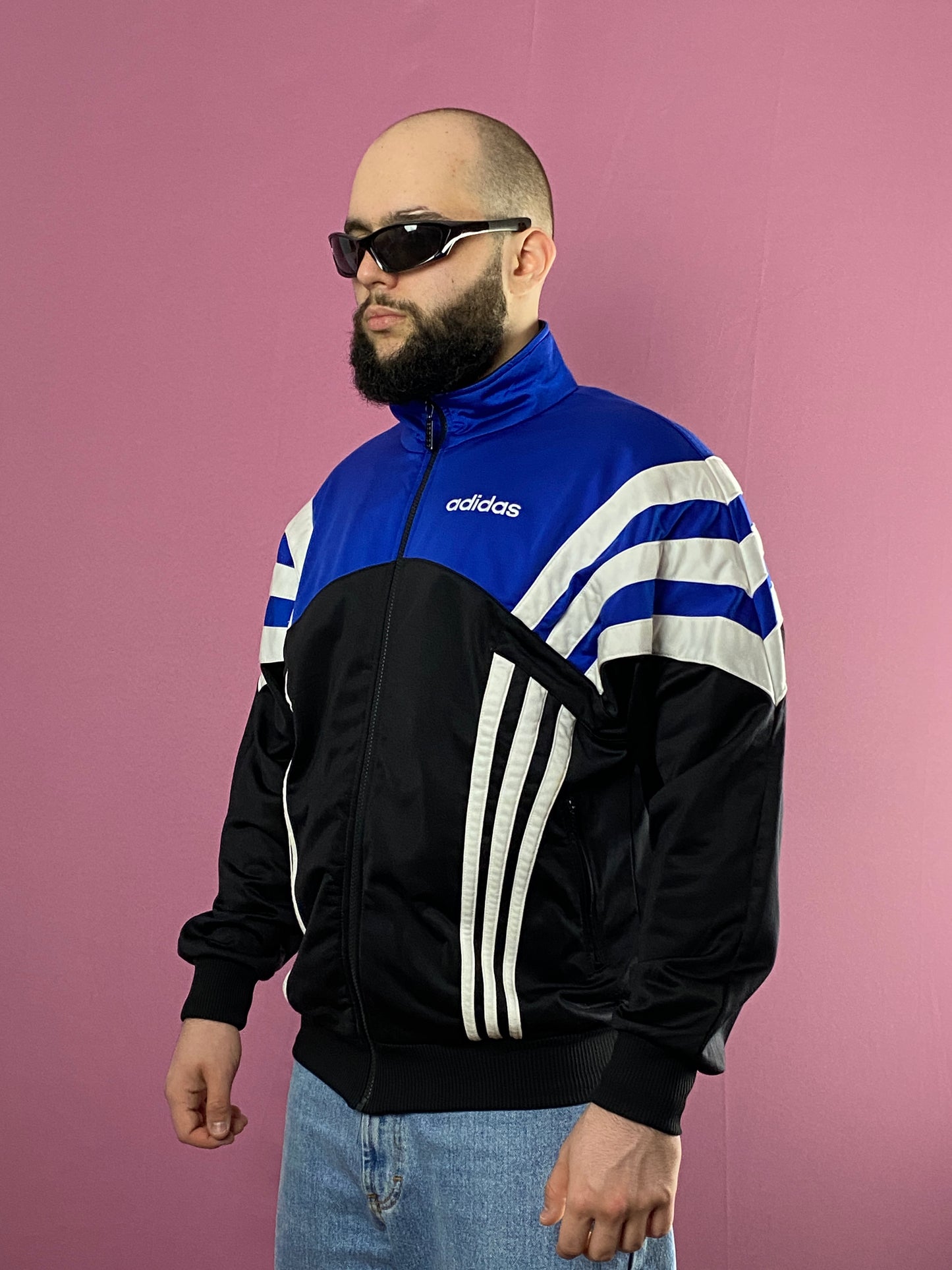 90s Adidas Vintage Men's Track Jacket - M Blue & Black Polyester