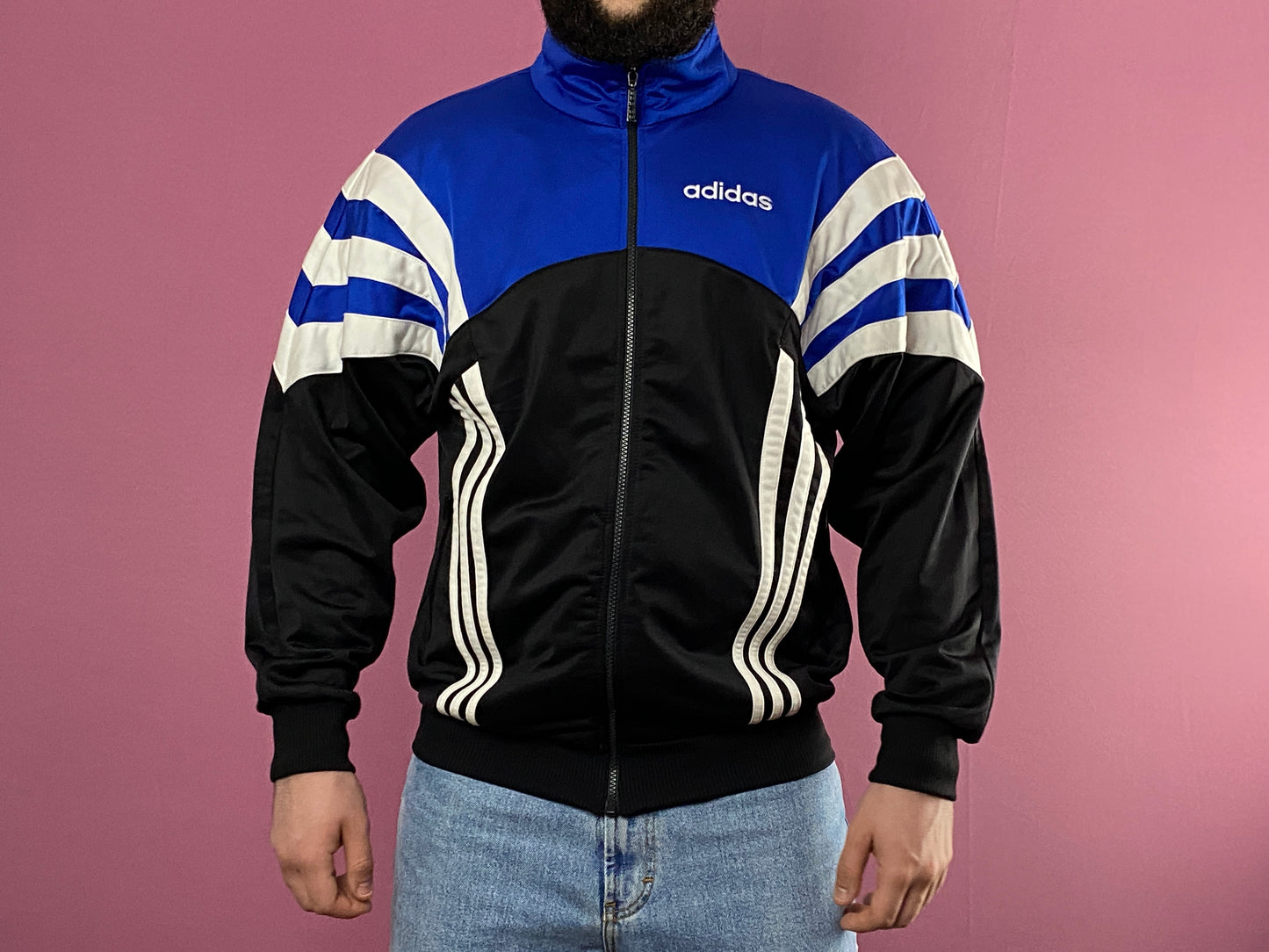 90s Adidas Vintage Men's Track Jacket - M Blue & Black Polyester