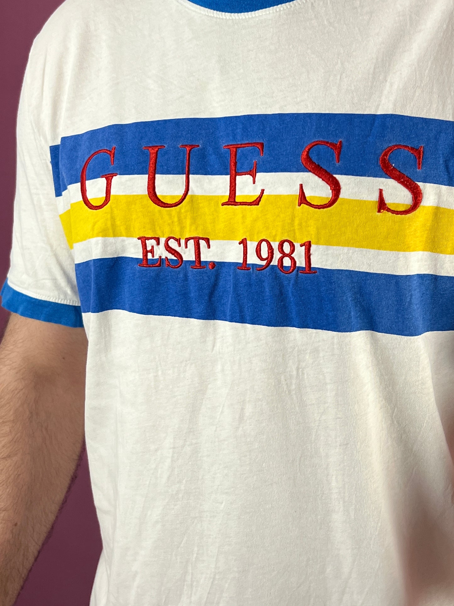 Guess Los Angeles Vintage Men's Embroidered Striped T-Shirt - L White Cotton