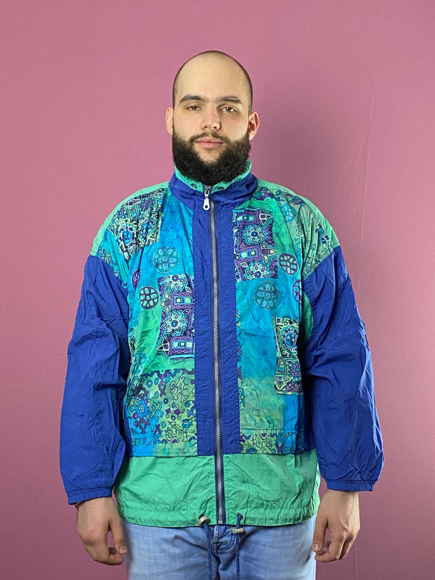 90s Sun Set Vintage Men's Abstract Print Windbreaker Jacket - L Blue Nylon