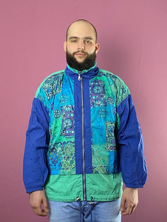 90s Sun Set Vintage Men's Abstract Print Windbreaker Jacket - L Blue Nylon