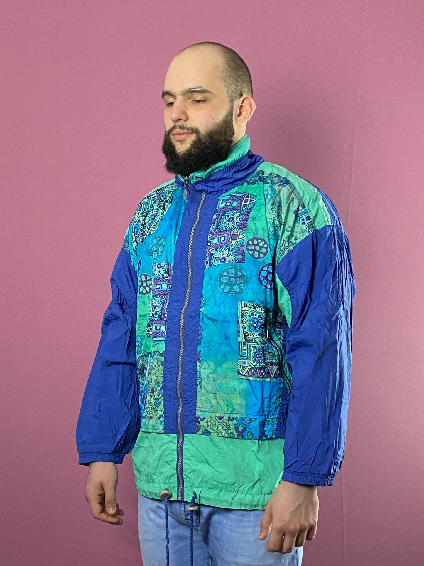 90s Sun Set Vintage Men's Abstract Print Windbreaker Jacket - L Blue Nylon