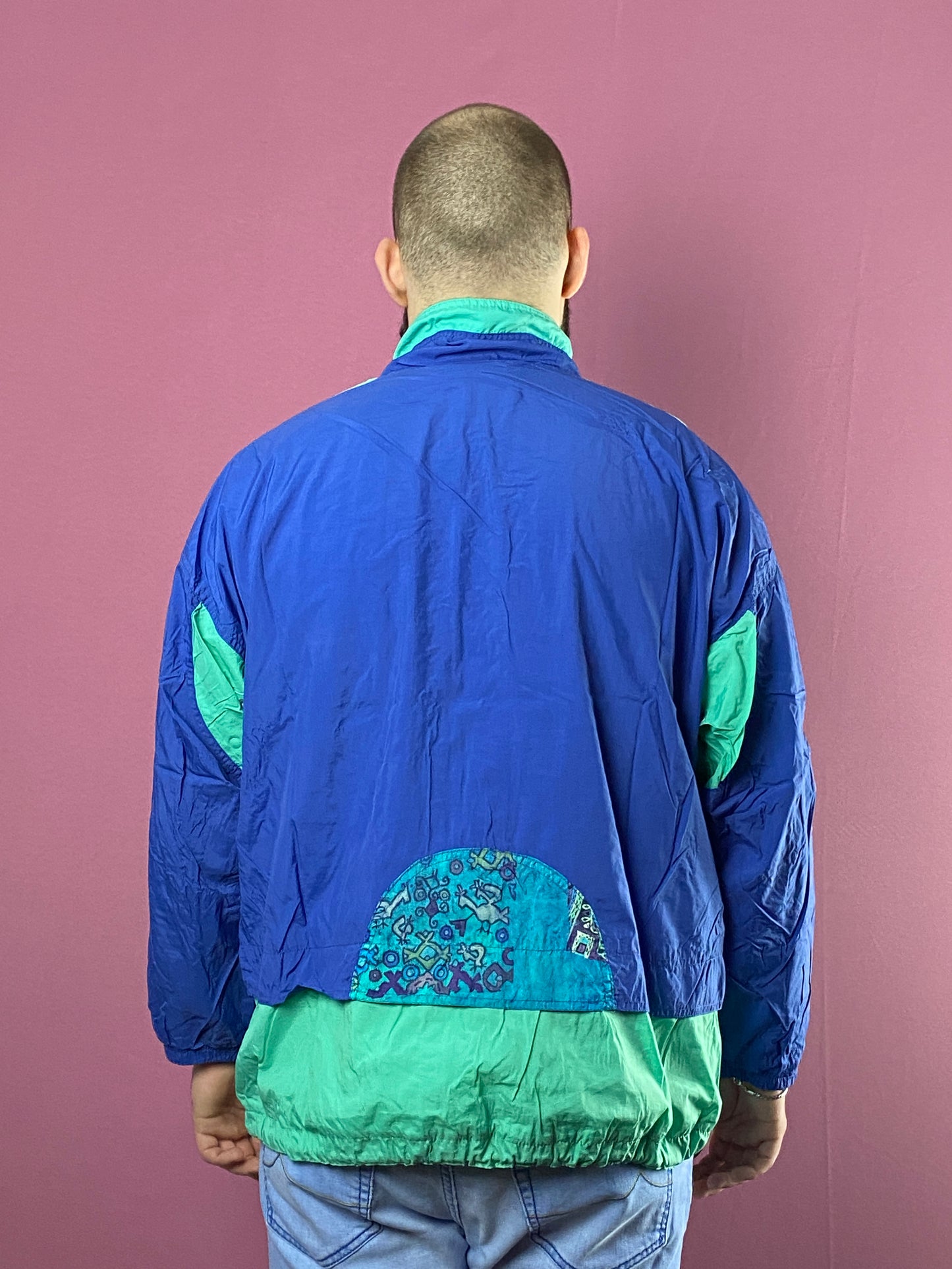 90s Sun Set Vintage Men's Abstract Print Windbreaker Jacket - L Blue Nylon