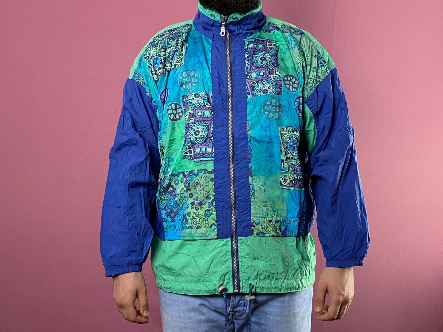 90s Sun Set Vintage Men's Abstract Print Windbreaker Jacket - L Blue Nylon