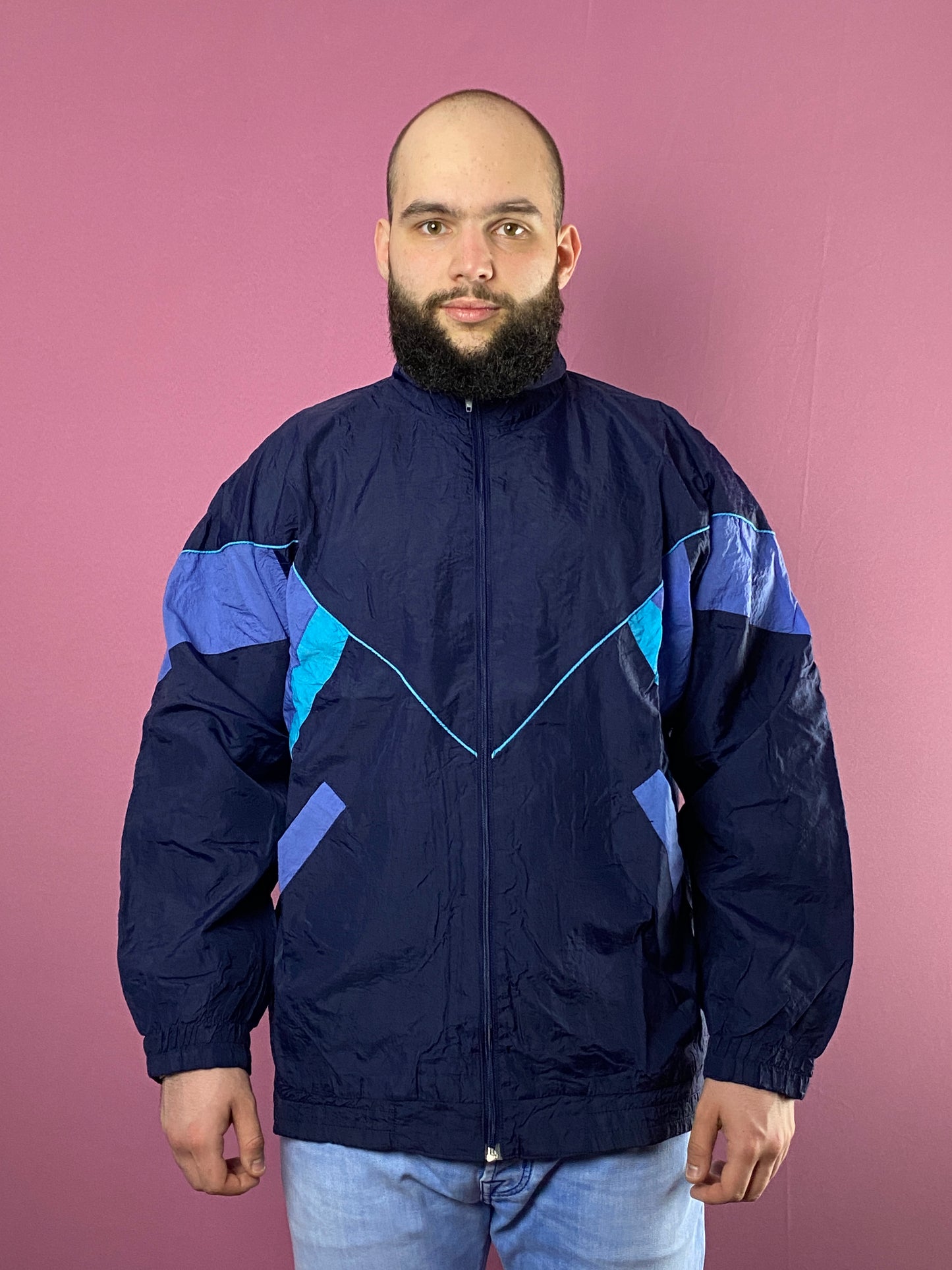 90s Vintage Men's Windbreaker Jacket - L Navy Blue Nylon