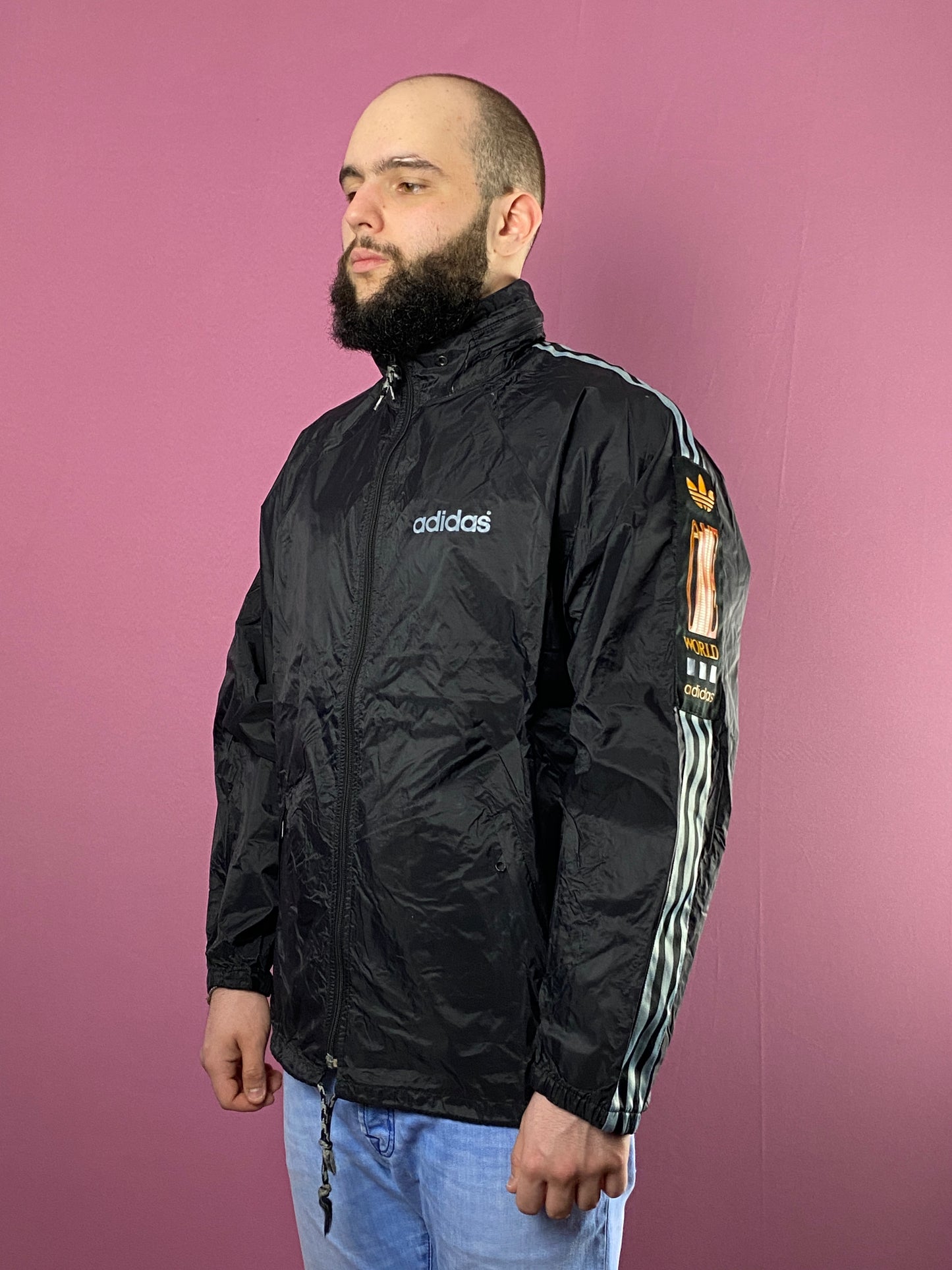 80s Adidas Vintage Men's Rain Jacket - M Black Nylon