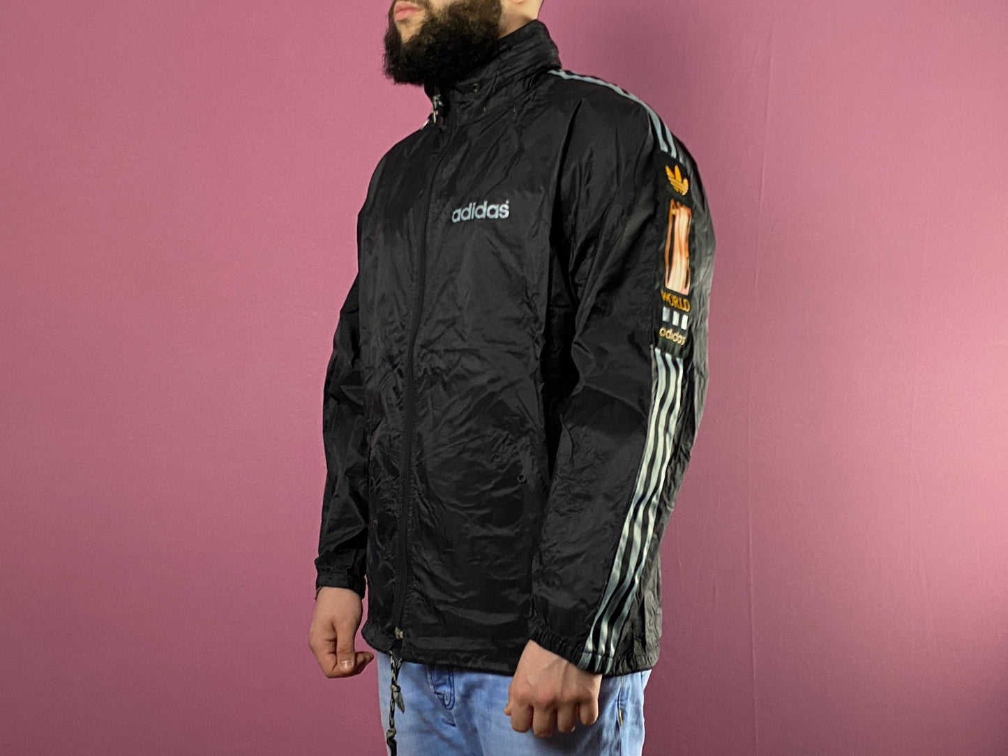 80s Adidas Vintage Men's Rain Jacket - M Black Nylon