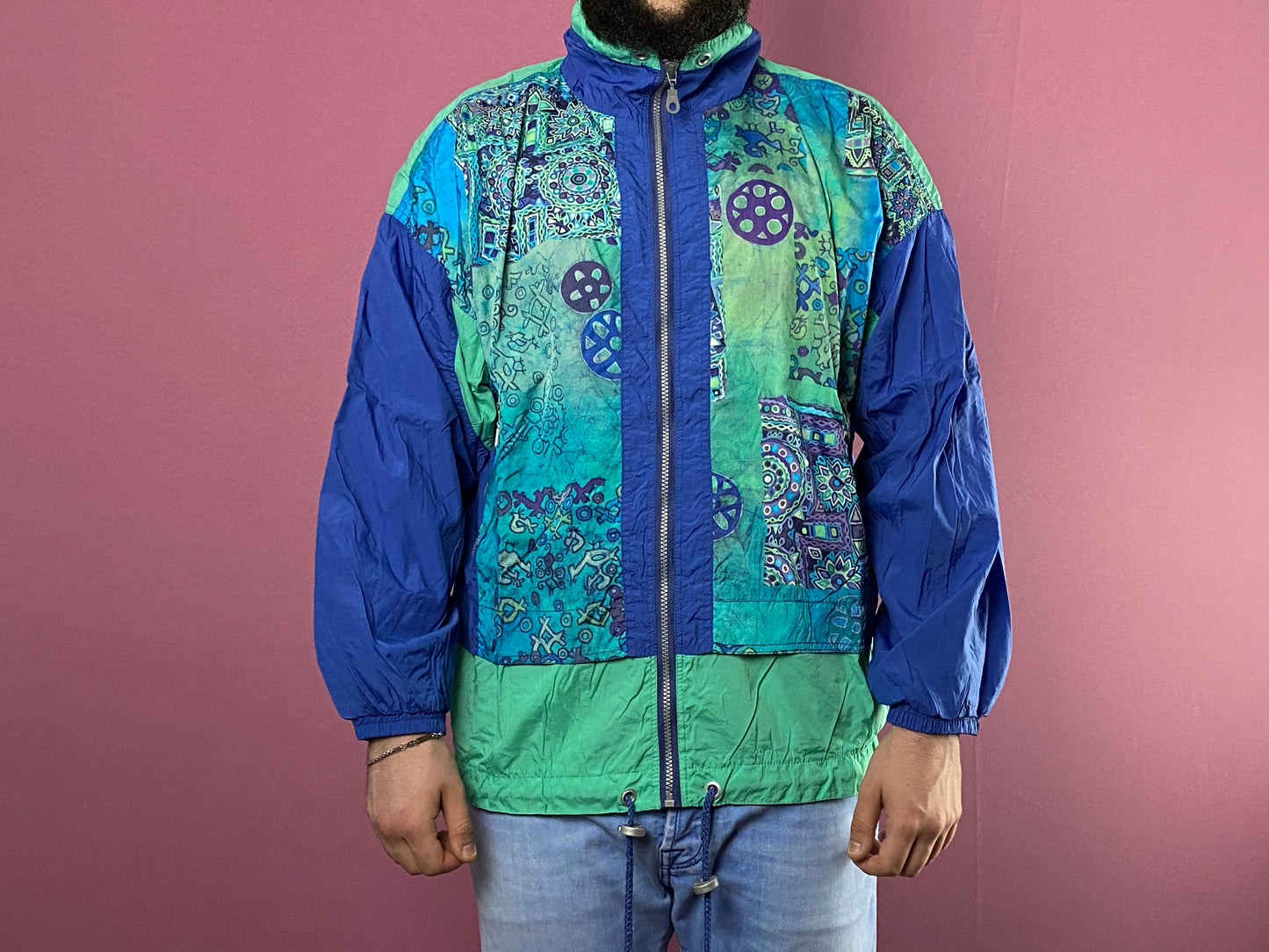 90s Sun Set Vintage Men's Abstract Print Windbreaker Jacket - M Blue Nylon