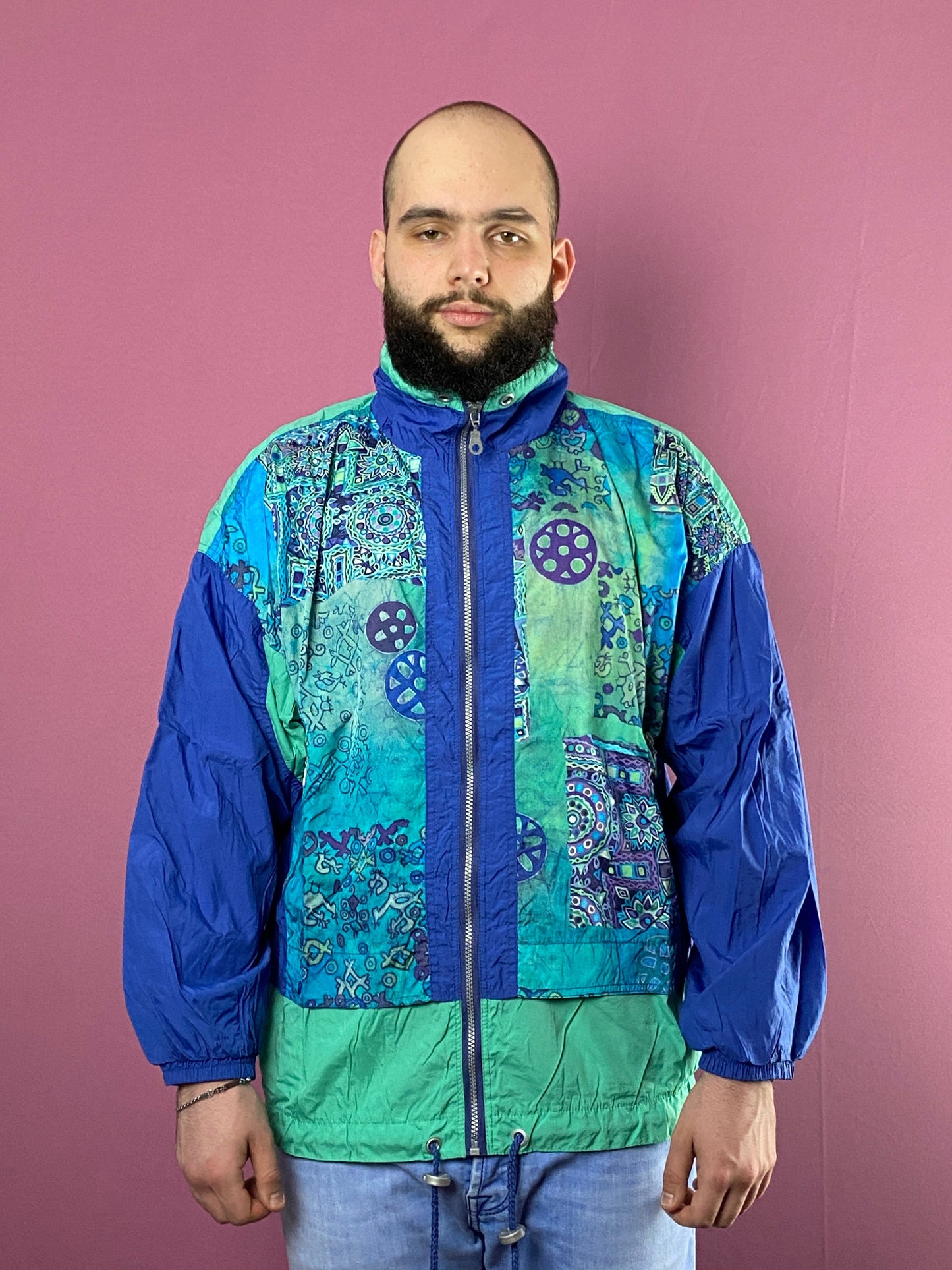 90s Sun Set Vintage Men's Abstract Print Windbreaker Jacket - M Blue Nylon