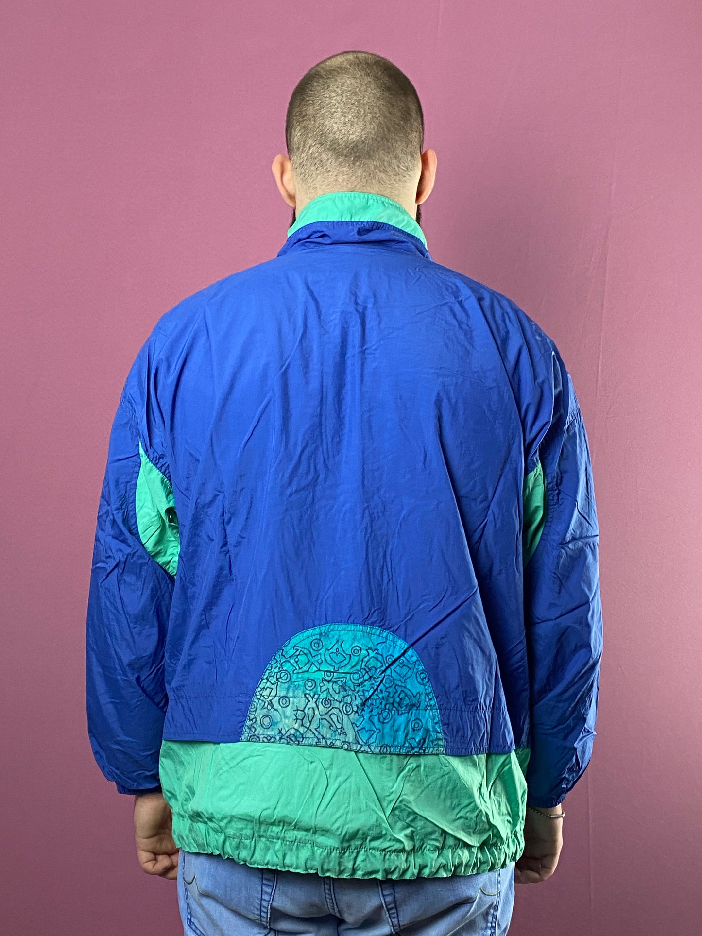 90s Sun Set Vintage Men's Abstract Print Windbreaker Jacket - M Blue Nylon