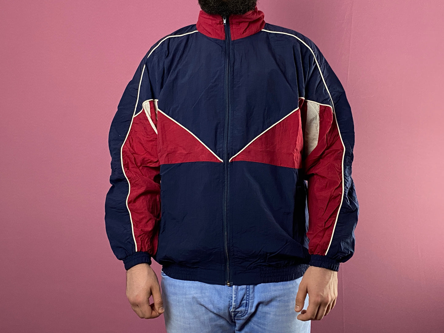 Tro Vintage Men's Windbreaker Jacket - L Navy Blue & Red Nylon