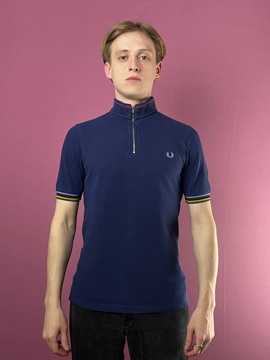 Fred Perry Bradley Wiggins Men's Cycling Quarter Zip Polo Shirt - S Blue Cotton