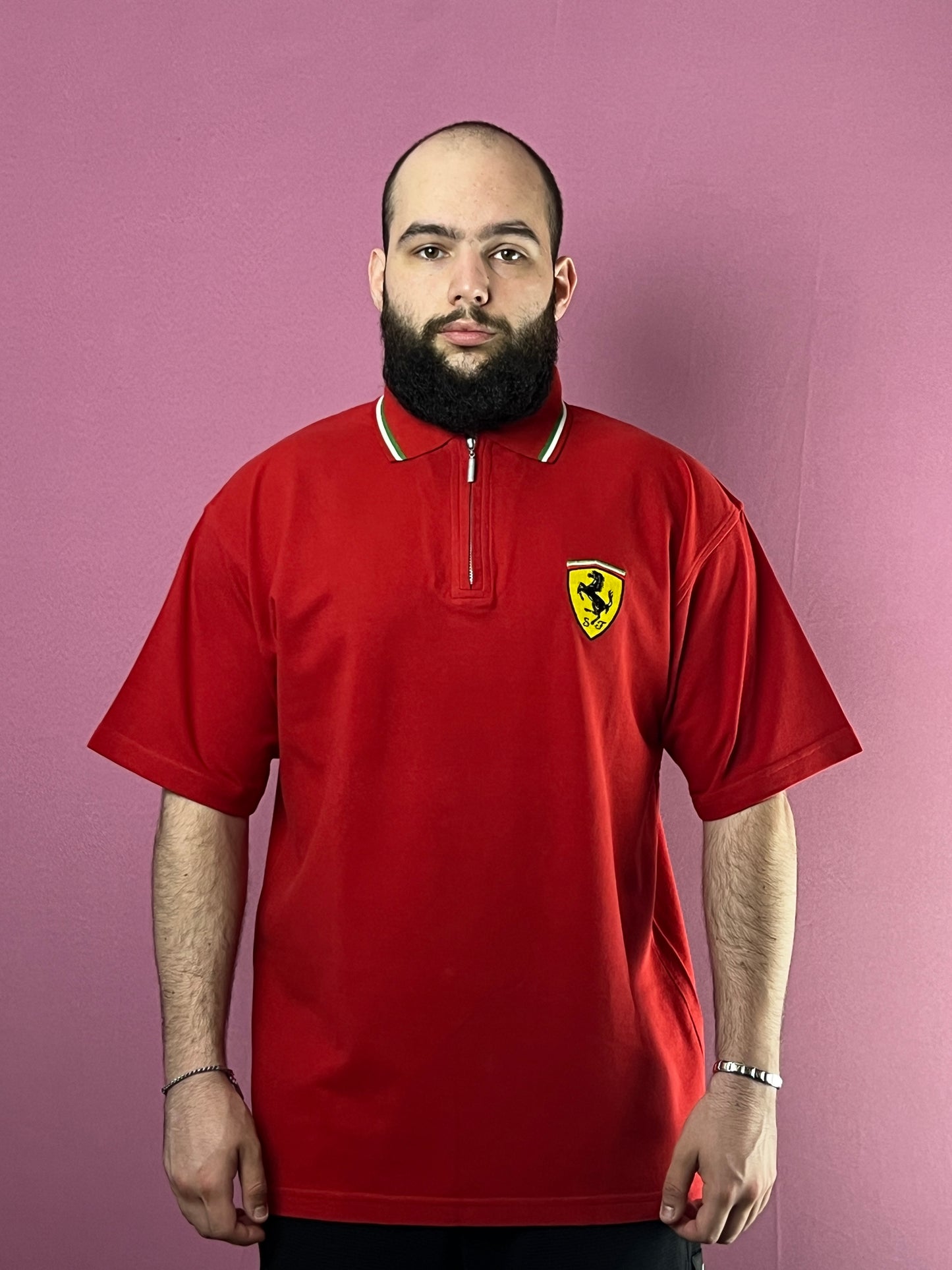 1990 Ferrari Racing Vintage Men's Quarter Zip Polo Shirt - XL Red Cotton