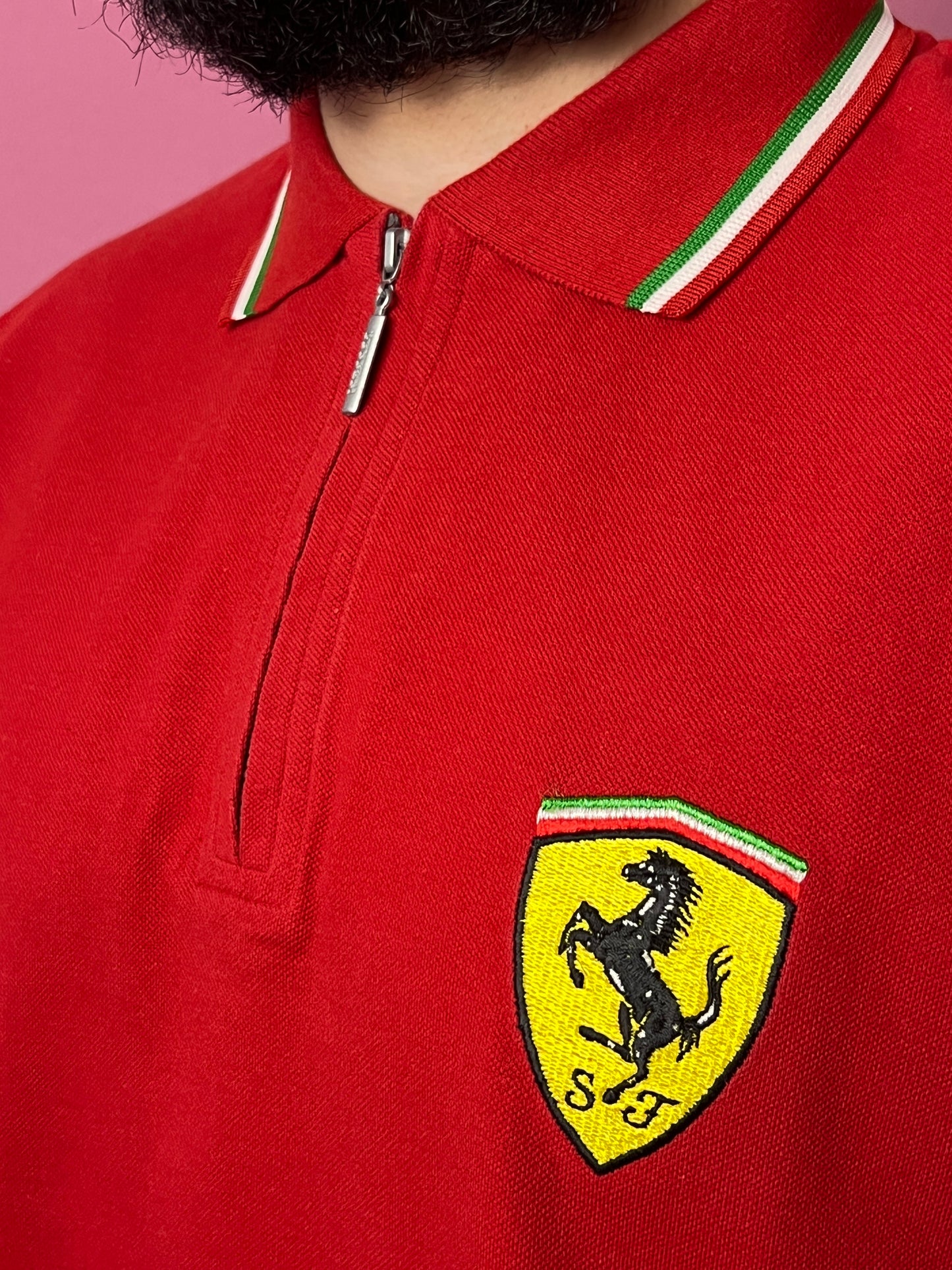 1990 Ferrari Racing Vintage Men's Quarter Zip Polo Shirt - XL Red Cotton