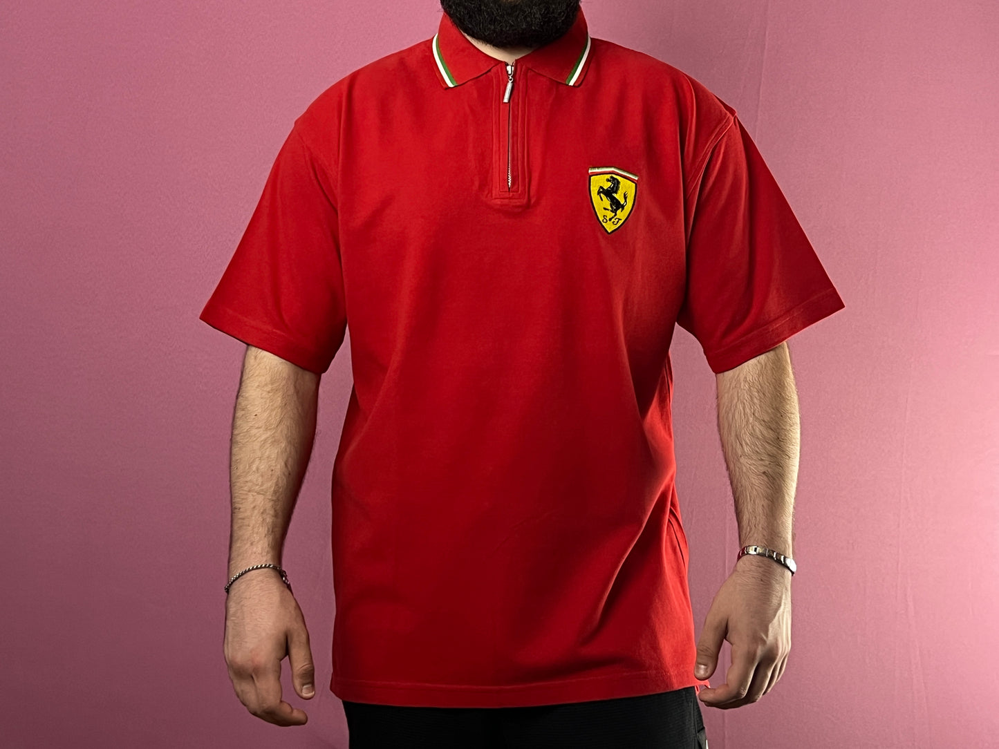 1990 Ferrari Racing Vintage Men's Quarter Zip Polo Shirt - XL Red Cotton