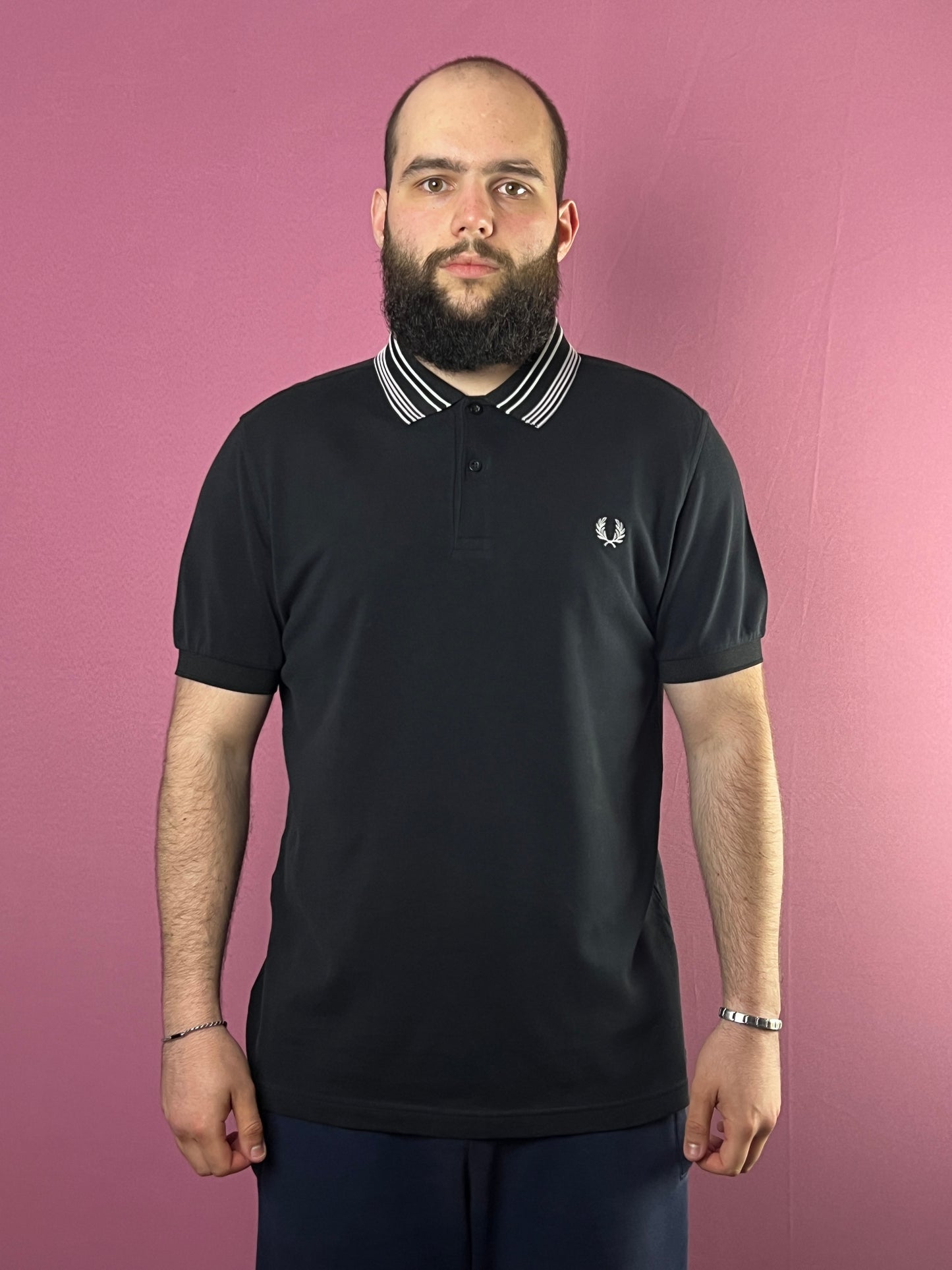 Fred Perry Vintage Men's Polo Shirt - L Black Cotton