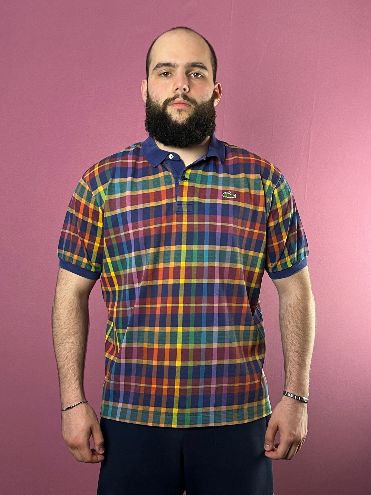 80s Lacoste Vintage Men's Plaid Polo Shirt - L Multicolor Cotton Blend