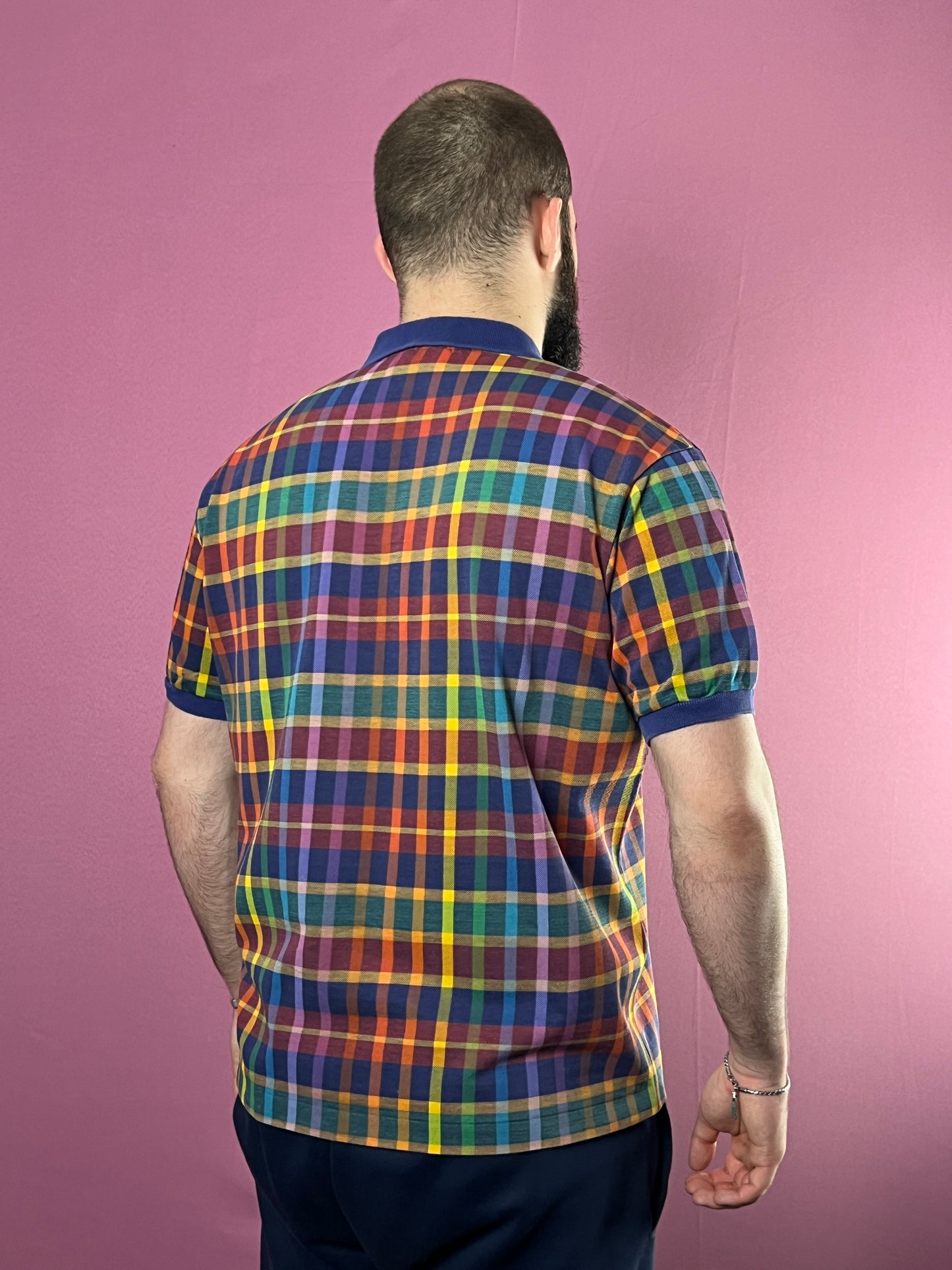 80s Lacoste Vintage Men's Plaid Polo Shirt - L Multicolor Cotton Blend