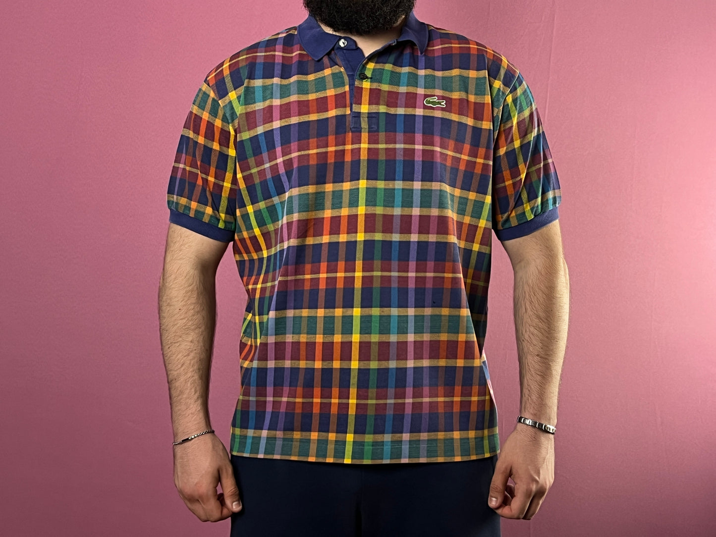 80s Lacoste Vintage Men's Plaid Polo Shirt - L Multicolor Cotton Blend