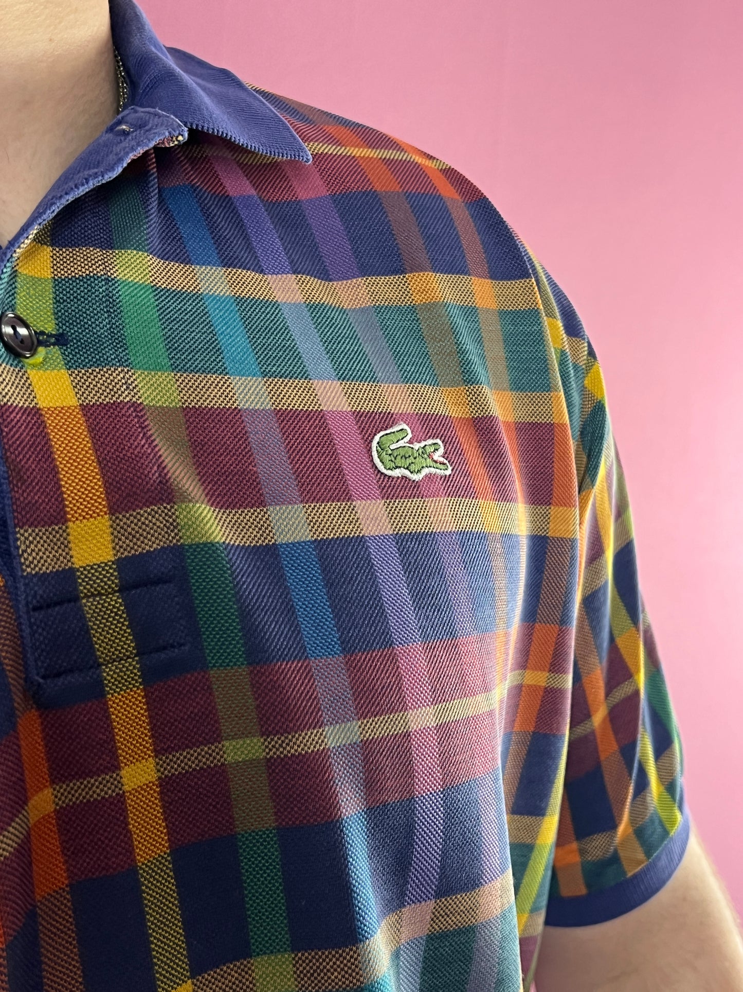 80s Lacoste Vintage Men's Plaid Polo Shirt - L Multicolor Cotton Blend