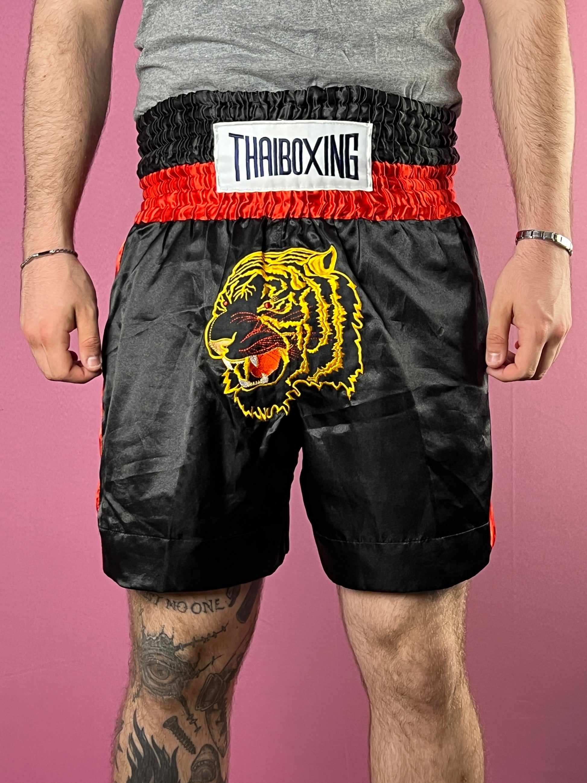 Vintage Men's Muay Thai Shorts - XXL Black & Red Satin