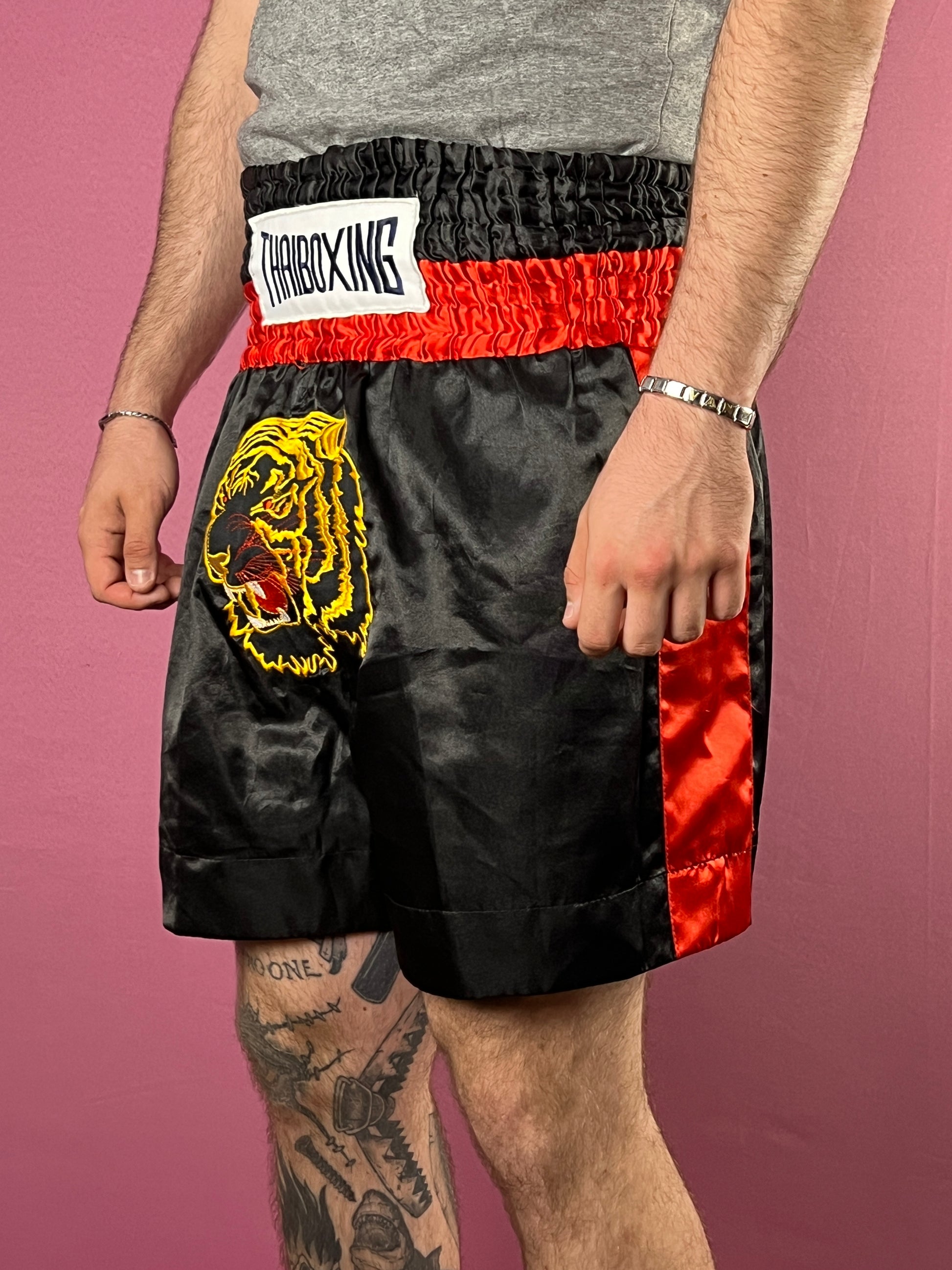 Vintage Men's Muay Thai Shorts - XXL Black & Red Satin