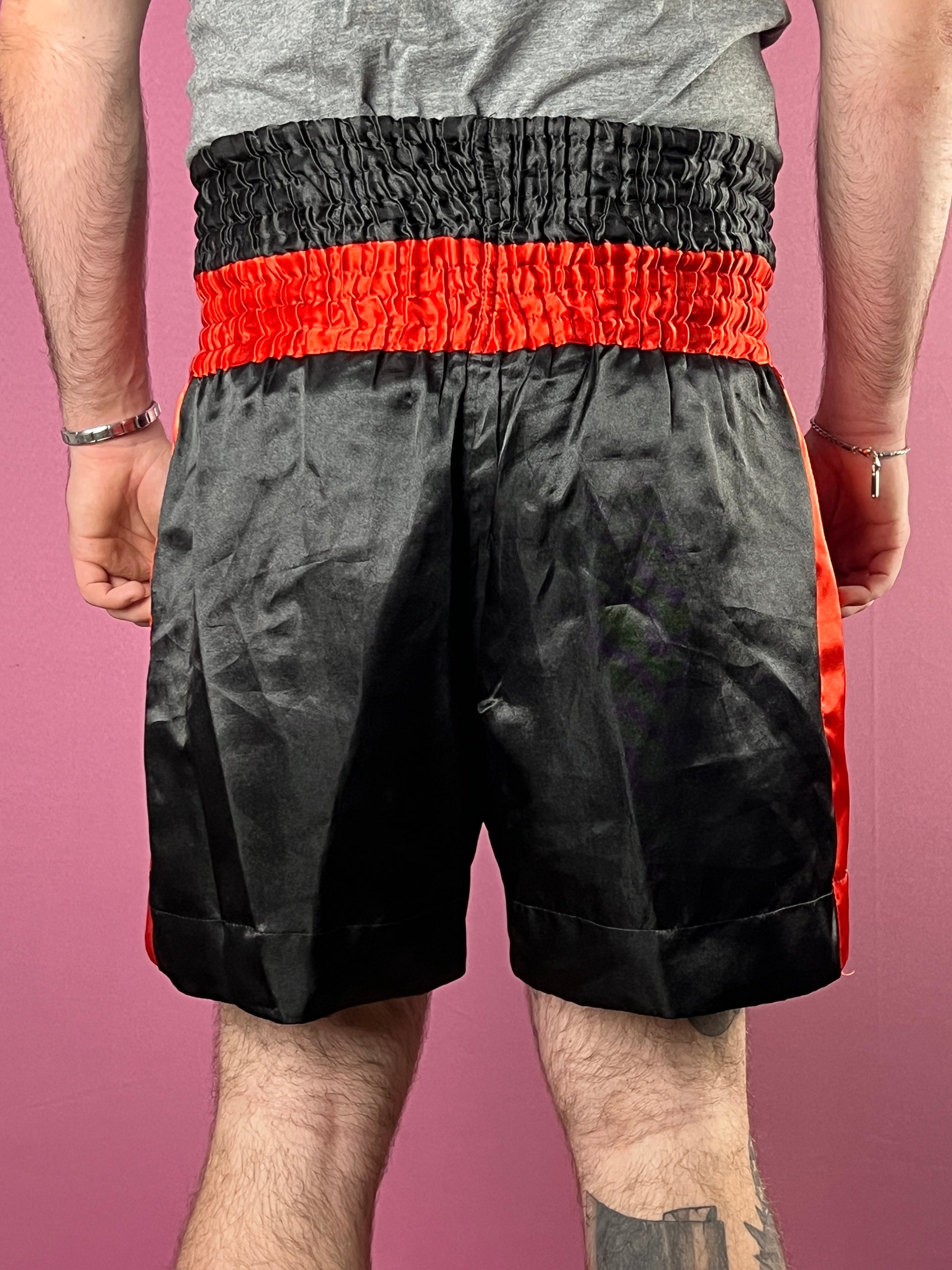 Vintage Men's Muay Thai Shorts - XXL Black & Red Satin