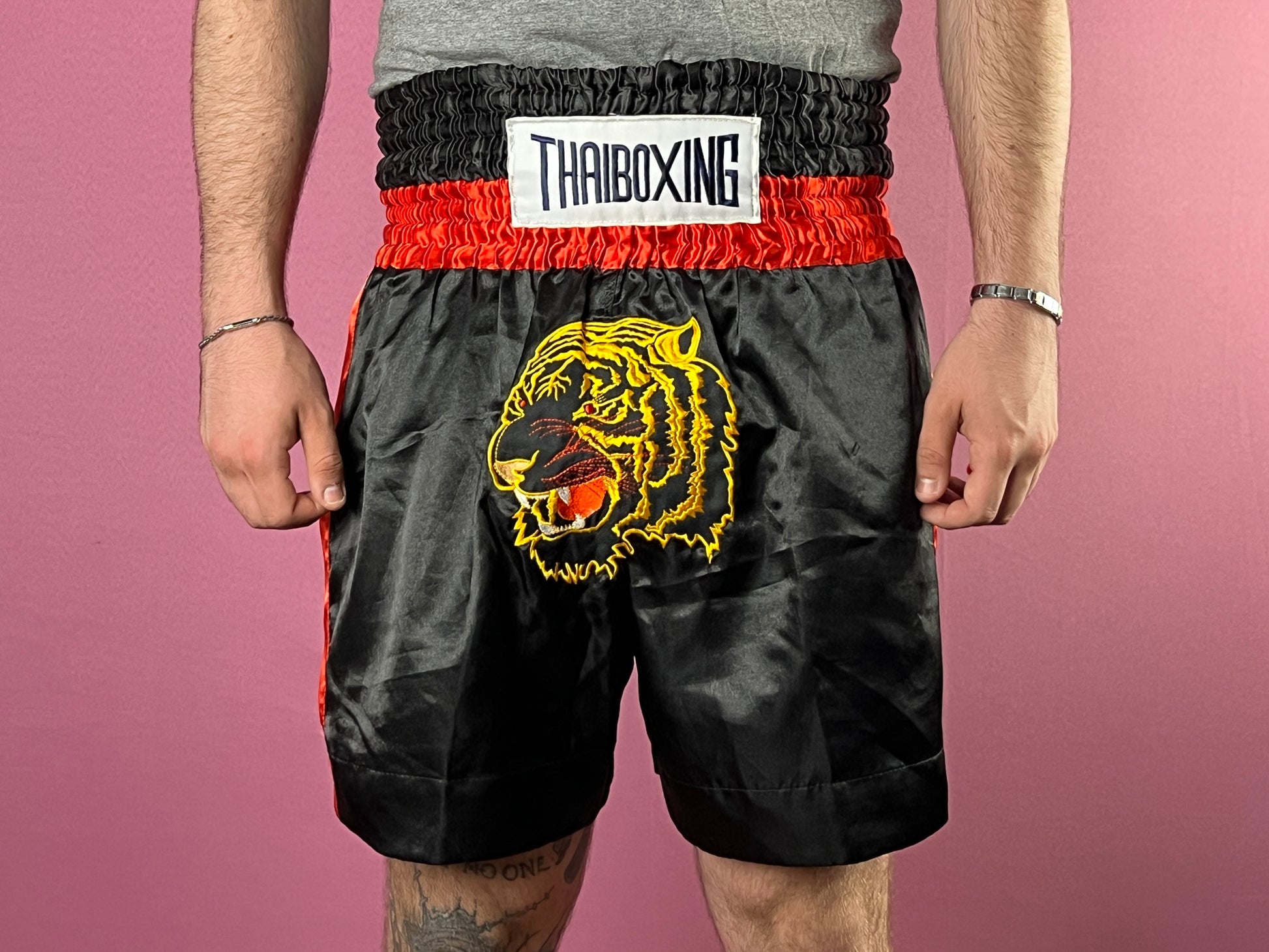 Vintage Men's Muay Thai Shorts - XXL Black & Red Satin