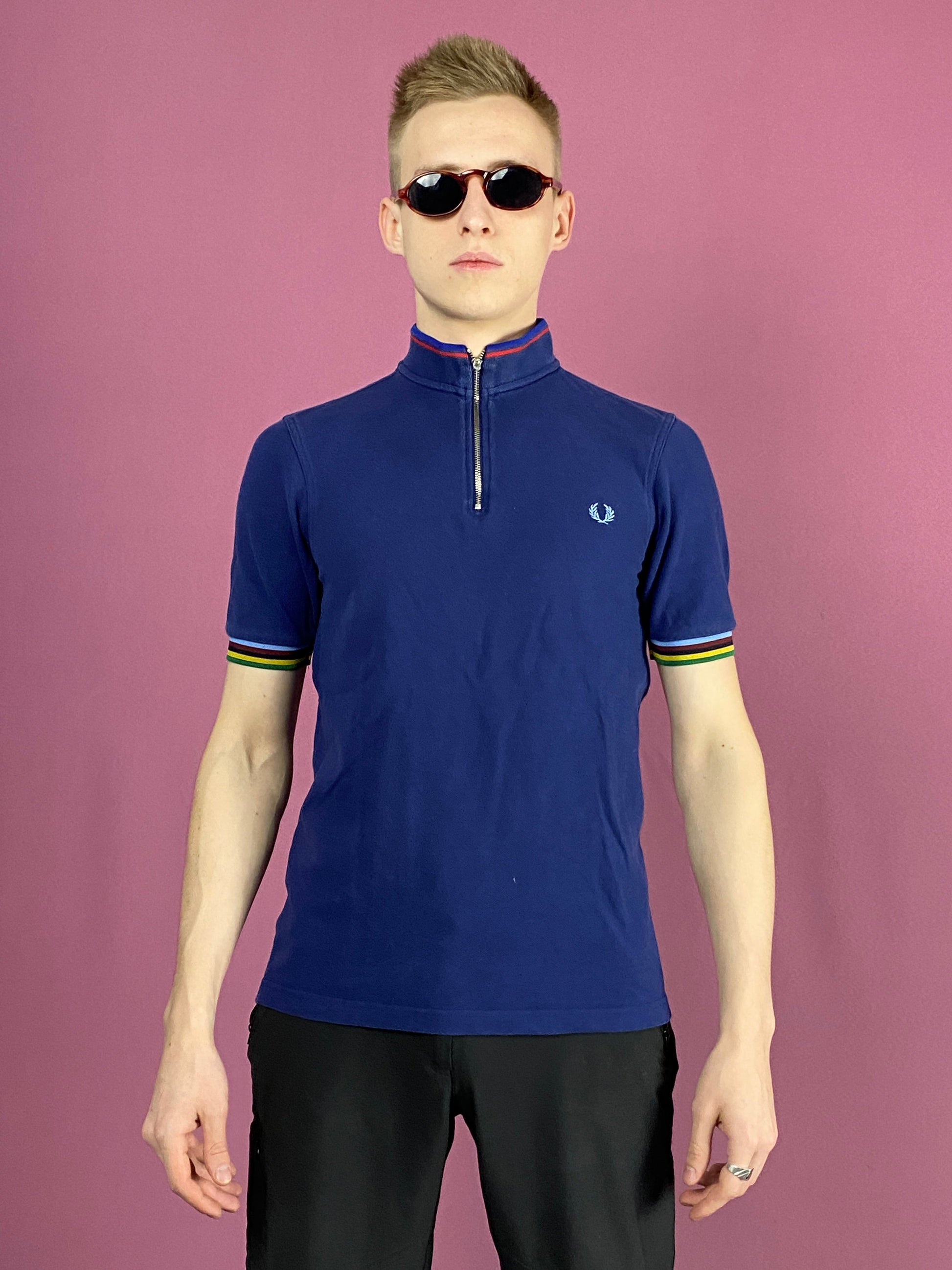 Fred Perry Men's Zip Polo Shirt - Small Blue Cotton